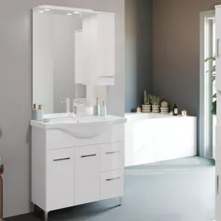 Savinidue Smart 85 alsó szekrény+mosdó+led tükör fényes fehér (863811LEDDR)