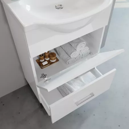 Savinidue Smart 55 alsó szekrény+mosdó+tükör polccal fényes fehér (862199LED)