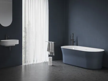 Ypsilon 180x80, akrilkád, Deepsea Blue/fehér, szabadonálló, túlfolyó és lefolyó: fehér