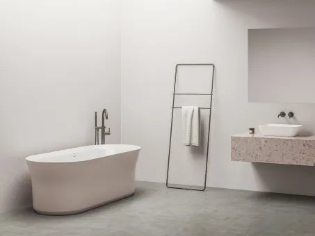 Ypsilon 180x80, akrilkád, Alabaster Pink/fehér, szabadonálló, túlfolyó és lefolyó: fehér
