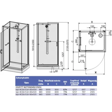 Négyoldalról zárt szögletes zuhanykabinok kpl-KCDJ/ CLIIa-80x120 / fehér kerettel és fehér hátfallal /W0 üveggel