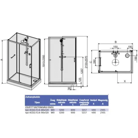 Négyoldalról zárt szögletes zuhanykabinok kpl-KCD2/ CLIIa-80x120 / króm kerettel és ezüst hátfallal /W0 üveggel
