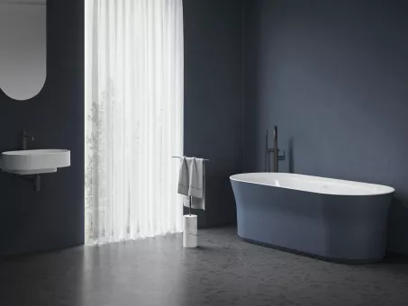 Ypsilon 180x80, akrilkád, Deepsea Blue/fehér, szabadonálló, túlfolyó és lefolyó: fehér